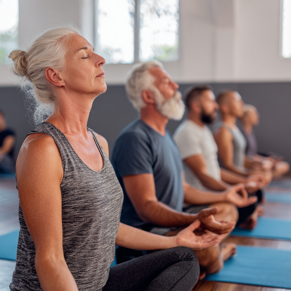 Experienced yoga instructor demonstrating breathing technique to mature adult students in serene studio