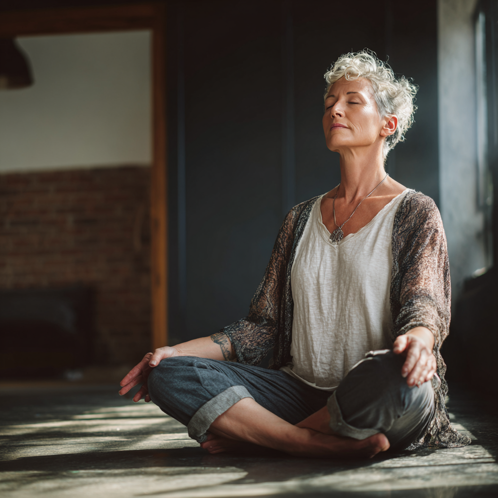 Middle-aged woman practicing gentle yoga poses in peaceful studio environment